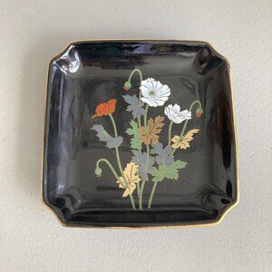 Vintage Yamaji Trinket Jewelry Dish Black Porcelain Floral Spray Japan